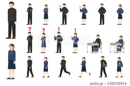 フラットイラスト:中学生セット(冬服)表情あり フラットイラスト:中学生セット(冬服)表情あり 136076954