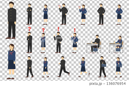 フラットイラスト:中学生セット(冬服)表情あり フラットイラスト:中学生セット(冬服)表情あり 136076954