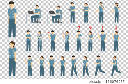 平面插畫:男女護士套裝(綠色制服),臉部表情豐富 平面插畫:男女護士套裝(綠色制服),臉部表情豐富 136076955