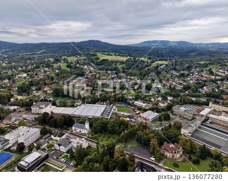 Ancient Town Center With Rooftops Captured, Panoramic Perspective Highlighting Historic Buildings And Streets 136077280