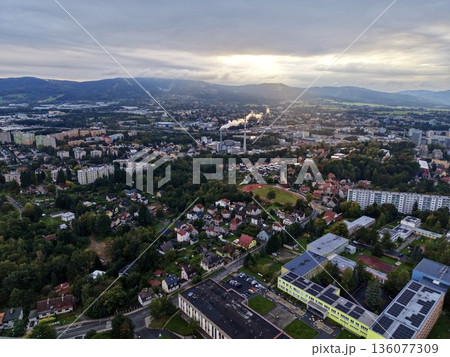 City Sunset View, Suburban Horizon Illuminated By Sunset With Tranquil Urban Ambiance Visible 136077309