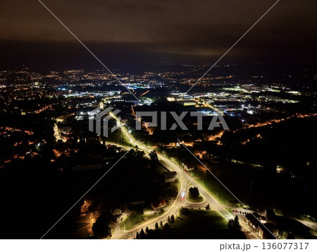 Aerial View Of Transit Systems, Elevated Aerial Perspective Of Urban Transit Corridors At Night 136077317