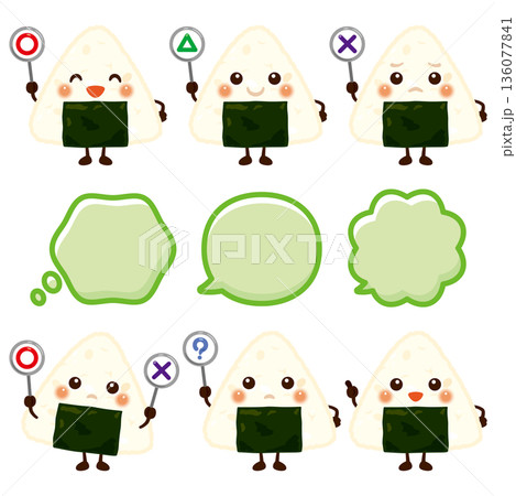 ○×△の札を持ったおにぎりのキャラクターイラスト ○×△の札を持ったおにぎりのキャラクターイラスト 136077841