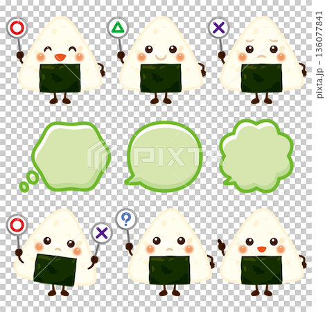 Illustration of a rice ball character holding a circle, circle, triangle, or triangle tag 136077841