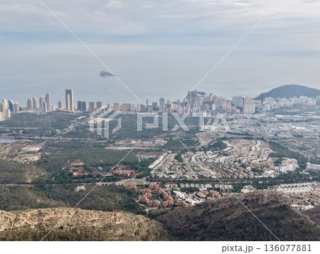 Serene residential zones leading towards vibrant highrise skyline and expansive coast under neutral sky 136077881