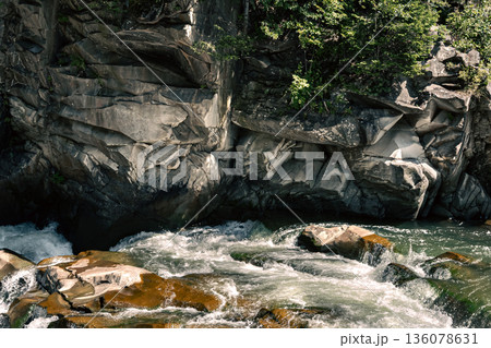 Fast Mountain River Flowing Through Rocky Gorge Fast Mountain River Flowing Through Rocky Gorge 136078631