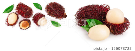 rambutan with leaves isolated on white background with copy space for your text. Tropical fruit. Top view. Flat lay 136078722
