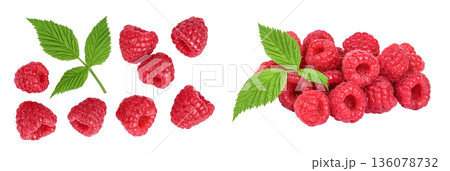 Ripe raspberries with leaf isolated on a white background. Top view. Flat lay Ripe raspberries with leaf isolated on a white background. Top view. Flat lay 136078732