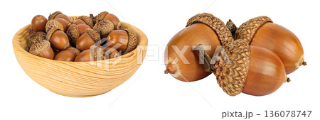 Brown acorn oak nut in wooden bowl isolated on white background Brown acorn oak nut in wooden bowl isolated on white background 136078747