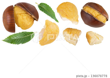 roasted peeled chestnut isolated on white background wit full depth of field. Top view with copy space for your text. Flat lay 136078778
