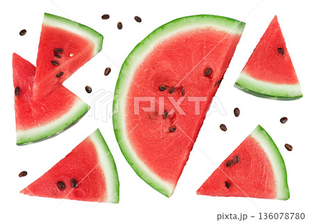 Slices of watermelon isolated on white background. Top view. Flat lay 136078780