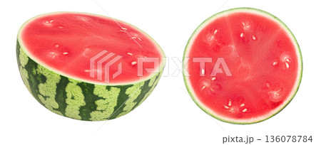 Red seedless watermelon half isolated on white background with full depth of field. 136078784