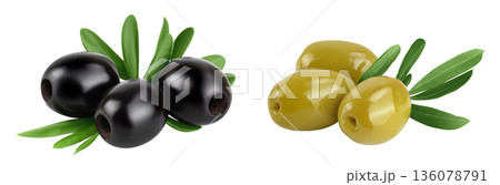 Black and green olives with leaves isolated on a white background with full depth of field. 136078791