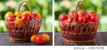 red and yellow tomatoes in a wicker basket on wooden table with blurred green background red and yellow tomatoes in a wicker basket on wooden table with blurred green background 136078796