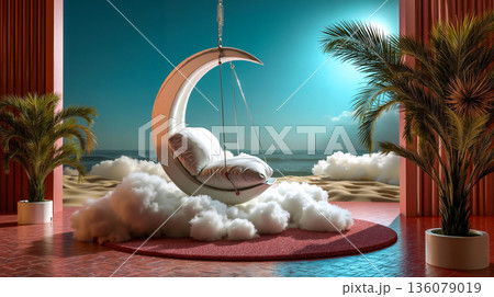 A hanging chair in the middle of a room with a view of the ocean 136079019