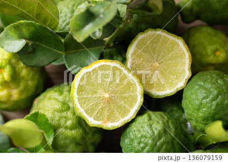 Kaffir lime fruit with leaf, Thai food ingredient, Top view 136079159