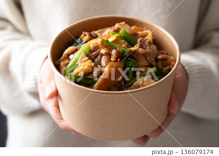 Thai food (Pad See Ew), Stir-fried rice noodles with soy sauce, pork, egg, and kale 136079174