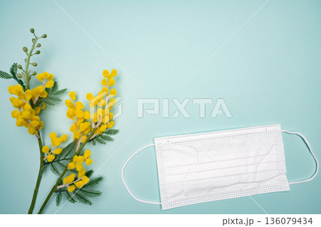 ミモザの花と白いマスクを並べた物撮り ミモザの花と白いマスクを並べた物撮り 136079434