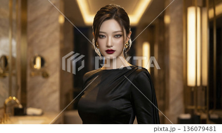 豪華なホテルの廊下で黒いドレスを着たエレガントな日本人女性 豪華なホテルの廊下で黒いドレスを着たエレガントな日本人女性 136079481