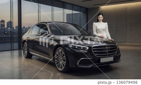高級黒塗りセダンの横に立つエレガントなドレス姿の日本人女性 136079498