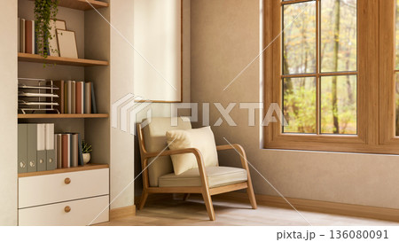 Wooden armchair with pillow cushion on parquet floor aside build in shelf and window in room corner. Wooden armchair with pillow cushion on parquet floor aside build in shelf and window in room corner. 136080091