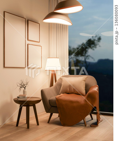 Sofa chair with pillow and blanket and table aside floor lamp and blank frames in glass wall room. Sofa chair with pillow and blanket and table aside floor lamp and blank frames in glass wall room. 136080093