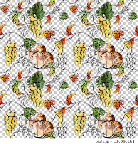 Vineyard cellar wooden barrels with overhanging grape fruit clusters and leaves on vine. Seamless pattern hand drawn in ink and watercolor for gift wrap, catalog accents, tourism and premium produce 136080161