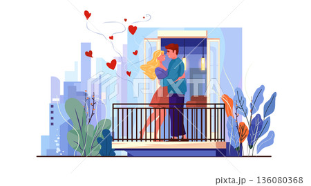 Couple embracing romantic city balcony hearts plants urban love scene modern apartment colorful foliage 136080368