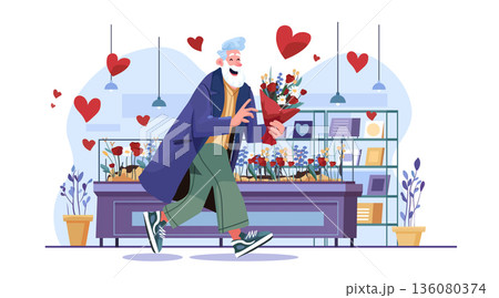 Senior man buying flowers Valentines Day celebration cheerful elderly person holding bouquet in flower shop surrounded by hearts modern interior 136080374