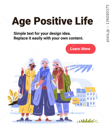 Active senior women friendship outdoor selfie autumn clothing modern city background stylish elderly characters urban park scene website banner 136080375