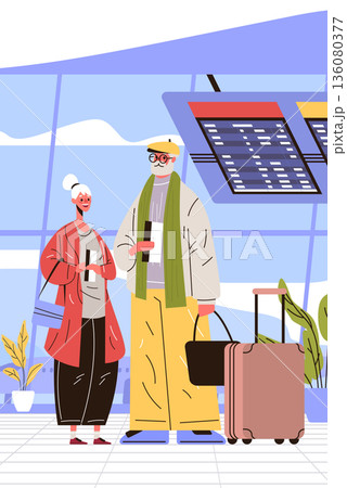 Active seniors airport travel elderly couple luggage modern terminal plants digital display flat colorful style 136080377