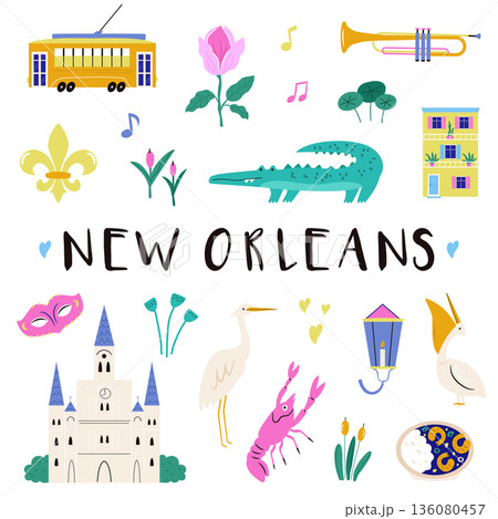 New Orleans Symbols Poster with Jazz Music, Mardi Gras, Architecture and Local Food. Cute Flat Vector Illustration New Orleans Symbols Poster with Jazz Music, Mardi Gras, Architecture and Local Food. Cute Flat Vector Illustration 136080457