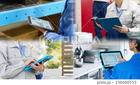 様々なシーンでタブレットPCを使う人々のコラージュ映像 様々なシーンでタブレットPCを使う人々のコラージュ映像 136080553