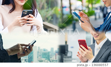 スマホを使う人々のコラージュ映像 136080557