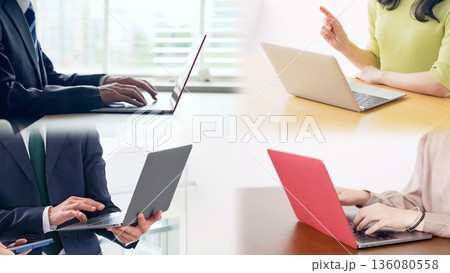 ノートパソコンを使う人々のコラージュ映像 136080558