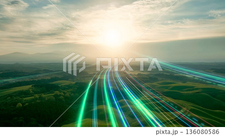 大地を未来に向かって走る光の帯　明日へと続く道 136080586