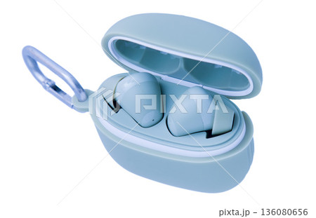 Wireless headphones isolated on white background. Wireless, headphone in charging box. 136080656