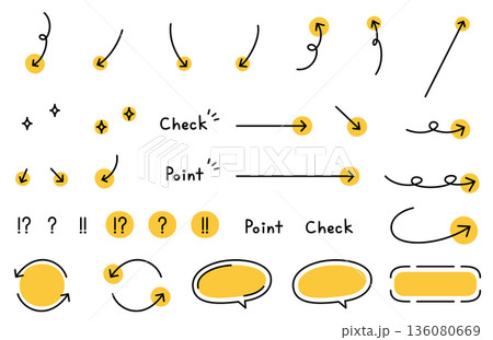手描き風の文字とシンプルな吹き出しや矢印の素材セット 136080669