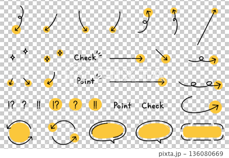 手描き風の文字とシンプルな吹き出しや矢印の素材セット 136080669