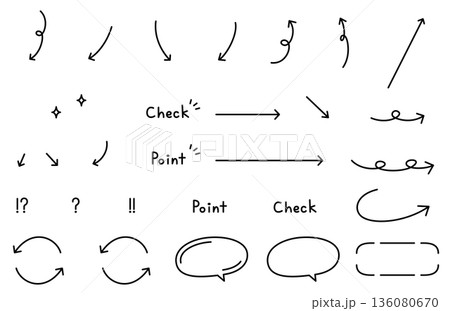 手描き風の文字とシンプルな吹き出しや矢印の素材セット 手描き風の文字とシンプルな吹き出しや矢印の素材セット 136080670