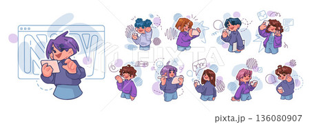 Smartphone Communication Cartoon Character Set 136080907