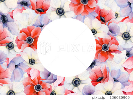 Watercolor blooming poppies meadow greeting card template with round copy space. Lots of white, red and pastel purple field anemones. Spring floral banner in romantic botanical style Watercolor blooming poppies meadow greeting card template with round copy space. Lots of white, red and pastel purple field anemones. Spring floral banner in romantic botanical style 136080909
