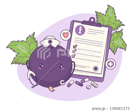Nurse Blackcurrant Girl with Stethoscope. Cute Kawaii Berry Currant Mascot Medical Character. Prescription, Consultation Examination and Treatment Concept. Vector illustration 136081173