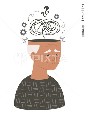 Senior Male Mental Health. Sad Ethnic Black Elderly Man with Tangled Thoughts and Questions. Concept for Aging Alzheimer Disease and Dementia Awareness, Wellness Support. Vector Illustration. Not AI 136081174