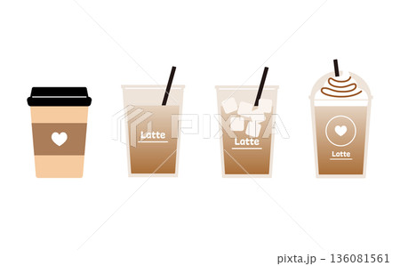 テイクアウト用カフェラテのベクターイラストセット。紙コップとストロー付きのカップ。 136081561