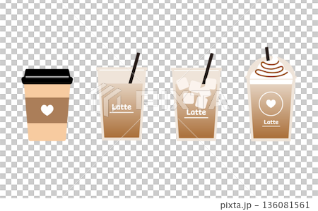 テイクアウト用カフェラテのベクターイラストセット。紙コップとストロー付きのカップ。 136081561