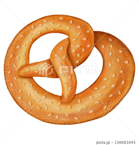 Watercolor illustration of a classic twisted pretzel (bretzel). Bakery product. Perfect for decorating German or European bakeries, menus, banners, recipes, and books. 136081643