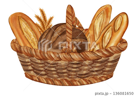 Watercolor illustration of a basket overflowing with different baked goods: dark and white bread, rolls, croissants, and muffins. Ideal for bakery menu, food packaging, cookbooks, recipes Watercolor illustration of a basket overflowing with different baked goods: dark and white bread, rolls, croissants, and muffins. Ideal for bakery menu, food packaging, cookbooks, recipes 136081650