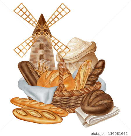Watercolor Illustration: basket with assorted bread, a rustic mill, and a sack of flour. Perfect for comprehensive bakery and grain processing branding, menu, food packaging, cookbooks, recipes 136081652