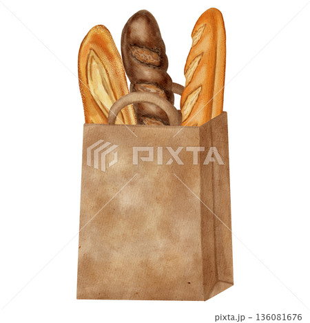 Watercolor illustration of a loaf of bread packaged in a simple brown paper bag. Baguette. Perfect for bakery branding, menu, food packaging, cookbooks, recipes, eco-friendly packaging, fresh product Watercolor illustration of a loaf of bread packaged in a simple brown paper bag. Baguette. Perfect for bakery branding, menu, food packaging, cookbooks, recipes, eco-friendly packaging, fresh product 136081676